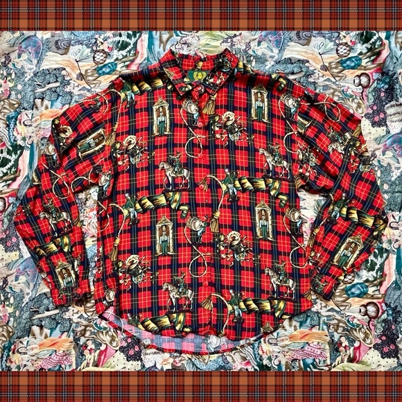 Vtg 1980s British Isles Red Plaid Button Down Shirt Soldiers Horses Graphic Sz M - Picture 2 of 7